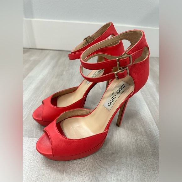 Jimmy Choo Red Leather Double Ankle Strap Open Toe Pumps 36/5.5-6 - Picture 4 of 7